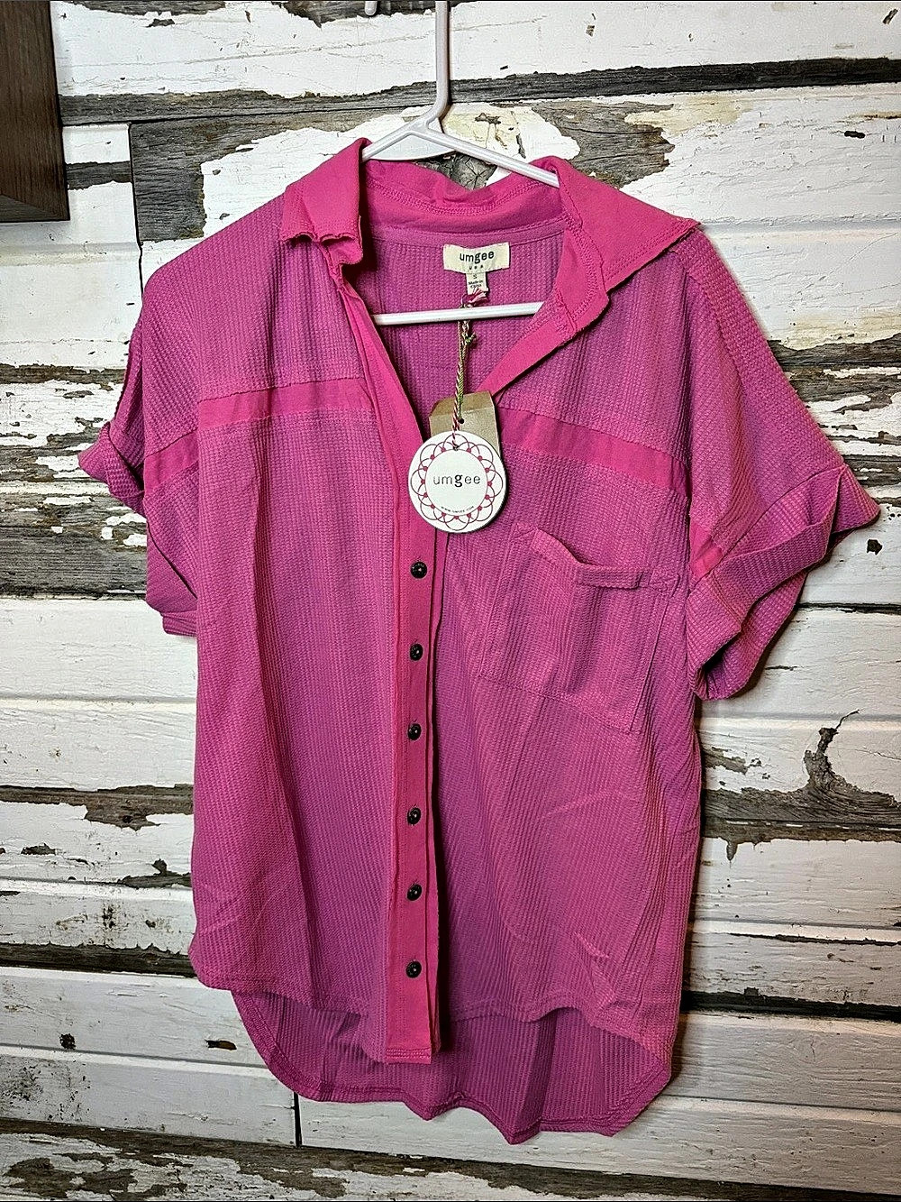 Umgee Waffle Knit Button Down Shirt Pink Small(71